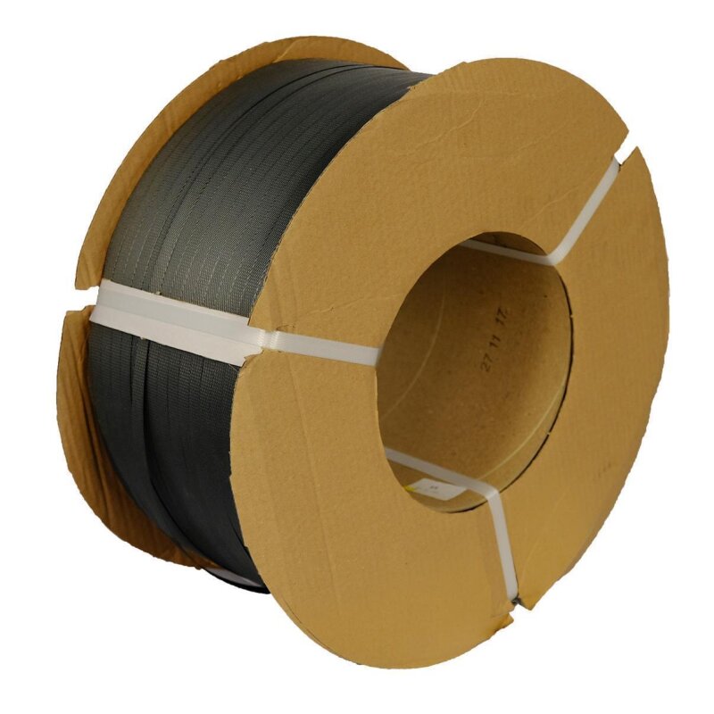 1-Farbig bedrucktes PP-Umreifungsband (Innendruck), Bandfarbe: schwarz, 12 mm x 0.55 mm, 1.450 N, Kern 200 mm, 3.000 Meter / Rolle