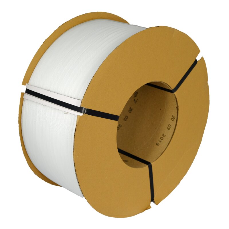 1-Farbig bedrucktes PP-Umreifungsband (Außendruck), Bandfarbe: weiß, 12 mm x 0.55 mm, 1.350 N, Kern 200 mm, 3.000 Meter / Rolle