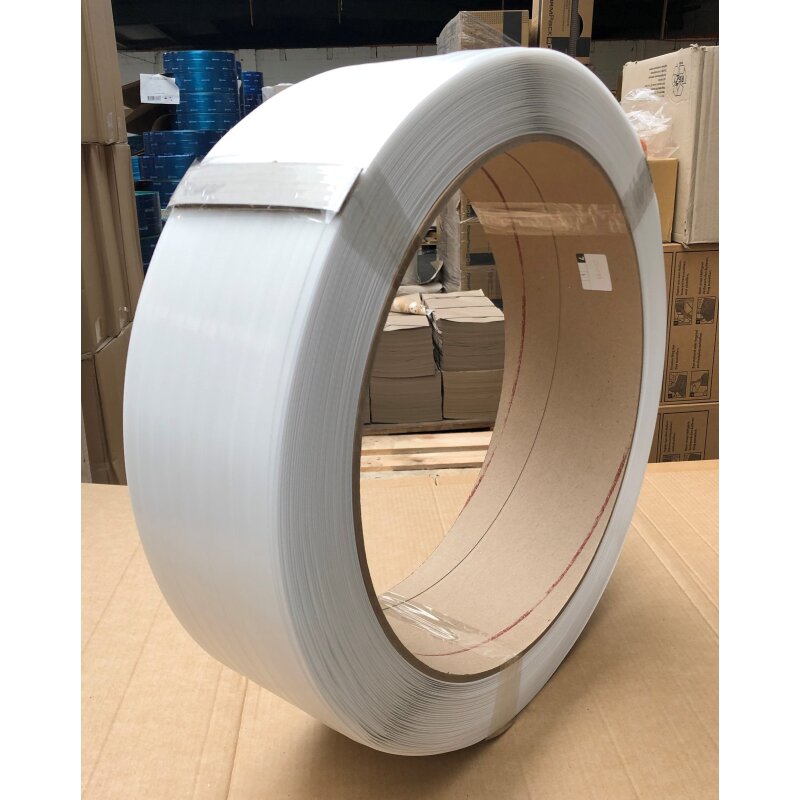 1-Farbig bedrucktes PP-Umreifungsband (Außendruck), Bandfarbe: weiß, 12,7 mm x 0.80 mm, 3.100 N, Kern 407 mm, 2.000 Meter / Rolle