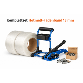 Hotmelt-Fadenband Set 13 mm mit Abroller, Bandspanner und Stahlverschlussklammern