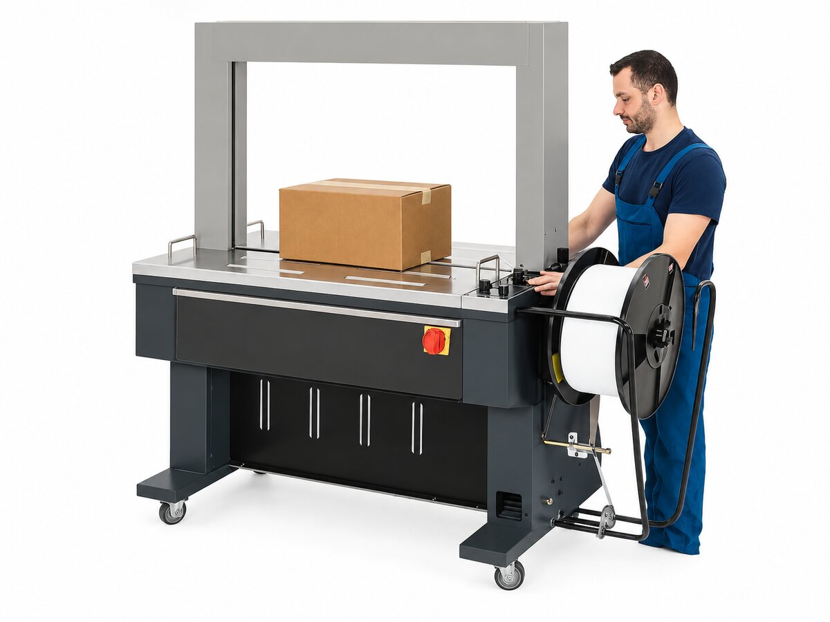 Umreifungsmaschine mit Karton und Bediener
